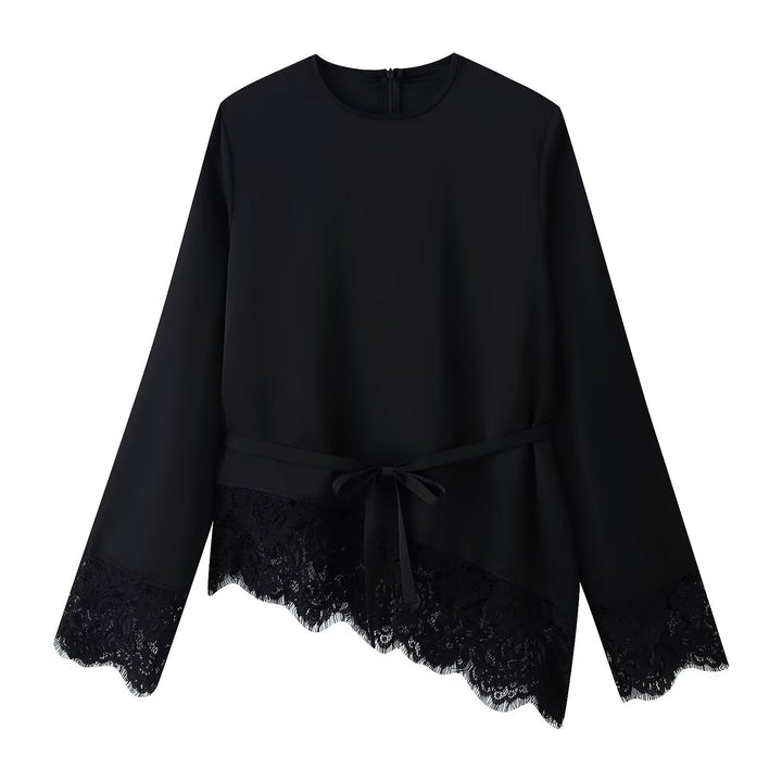 Damen 50+ elegante Chiffonbluse mit Spitzenbesatz und Taillenband Drune