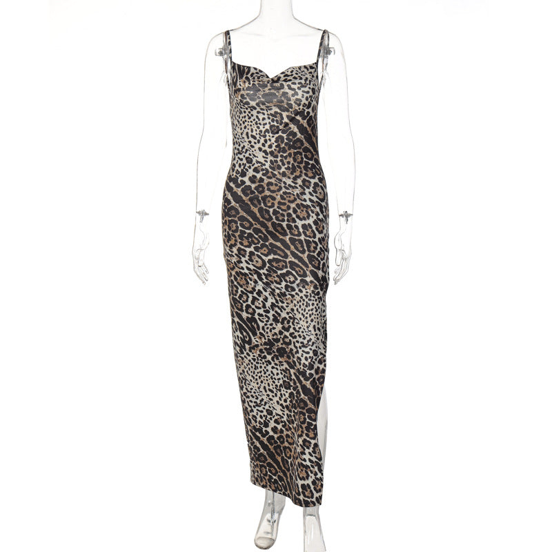 Damen Elegantes Maxikleid mit Leopardenmuster und sexy Schlitz Drune