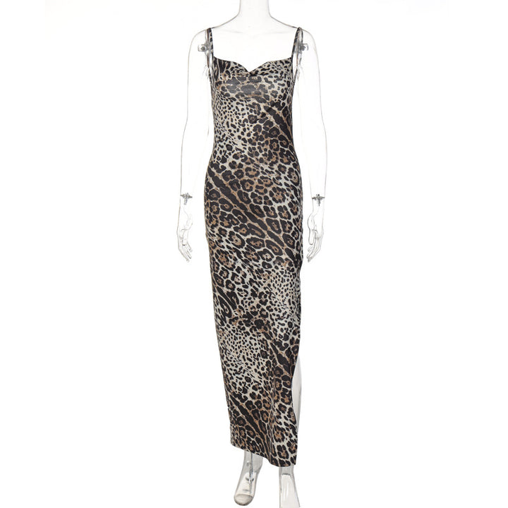 Damen Elegantes Maxikleid mit Leopardenmuster und sexy Schlitz Drune