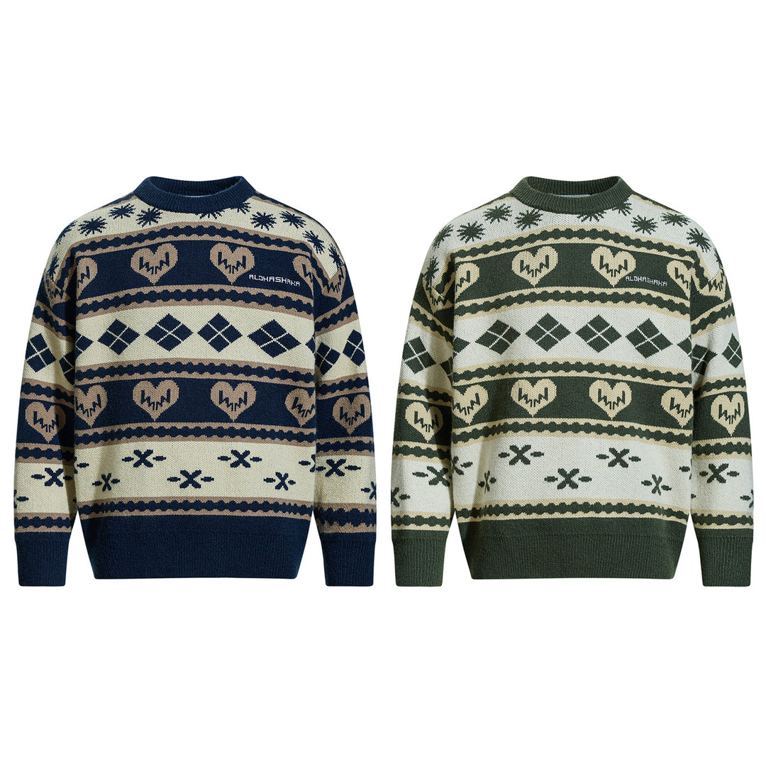 Herren Gemusterter Grobstrick-Pullover im Norwegerstil mit Rundhalsausschnitt Drune
