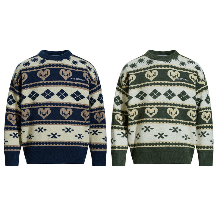 Herren Gemusterter Grobstrick-Pullover im Norwegerstil mit Rundhalsausschnitt Drune