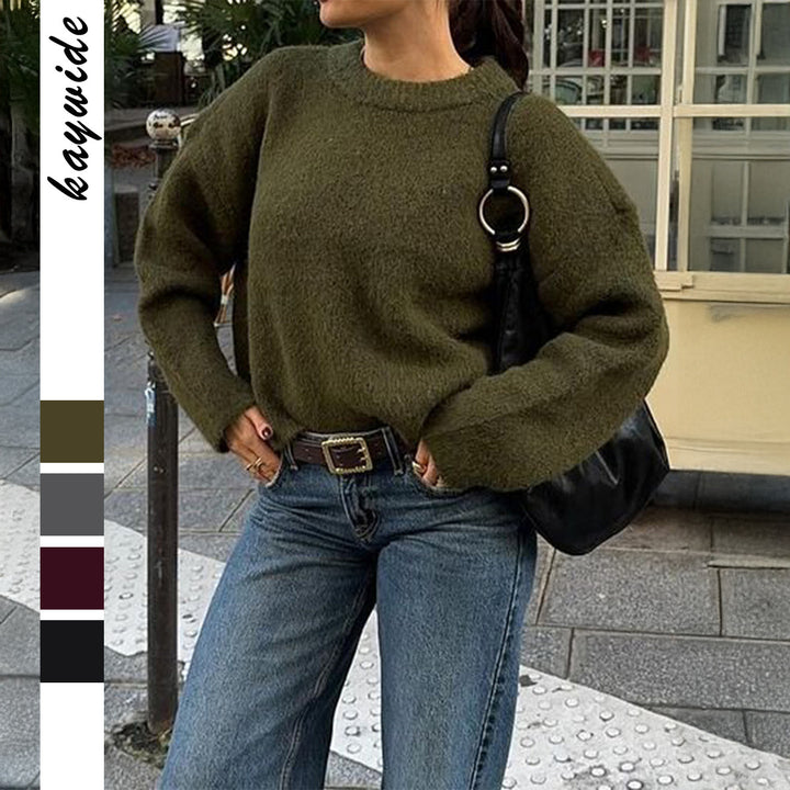 Damen nan kuscheliger Oversize-Strickpullover mit Rundhalsausschnitt und voluminösen Ballonärmeln Drune