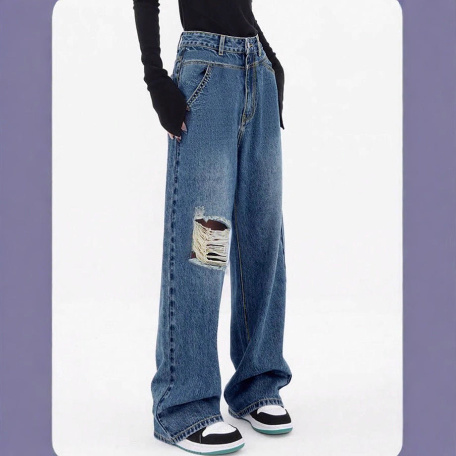 Damen hochtaillierte Oversized-Baggy-Jeans mit Knie-Rip und weitem Bein Drune
