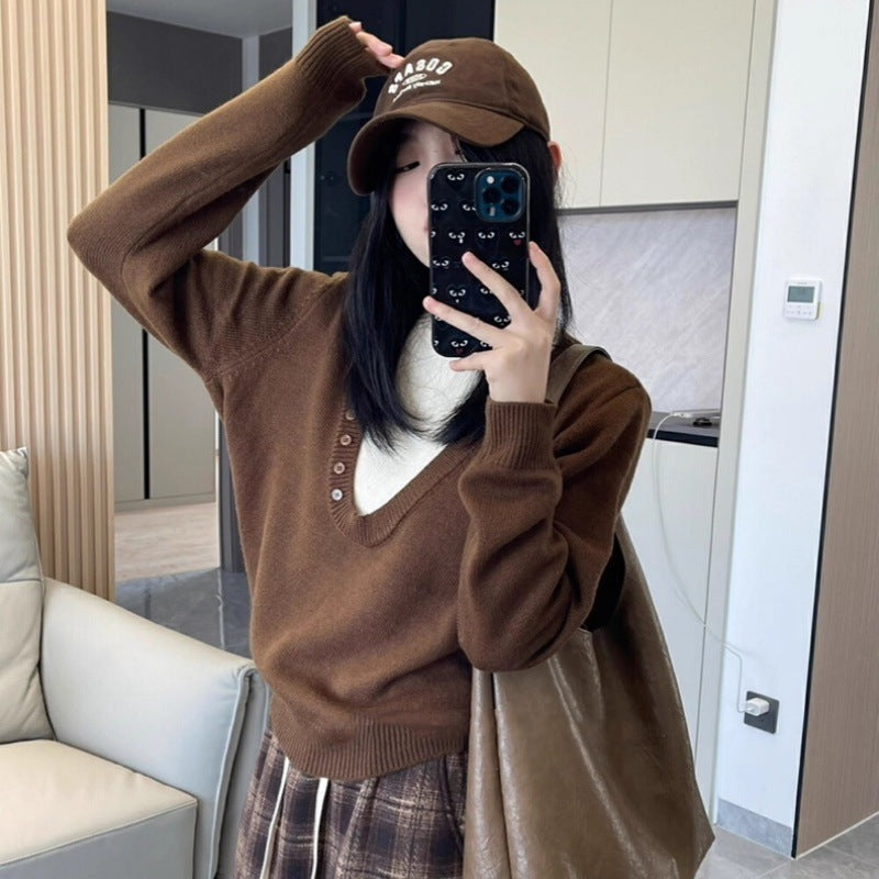 Damen Tiefer V‑Ausschnitt Feinstrickpullover mit Layering‑Effekt und leichter Taillierung Drune