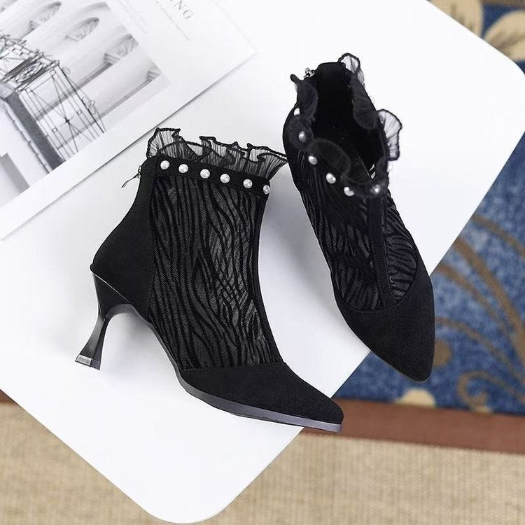 Damen Elegante Netze Stiefeletten mit Rüschendetails Drune