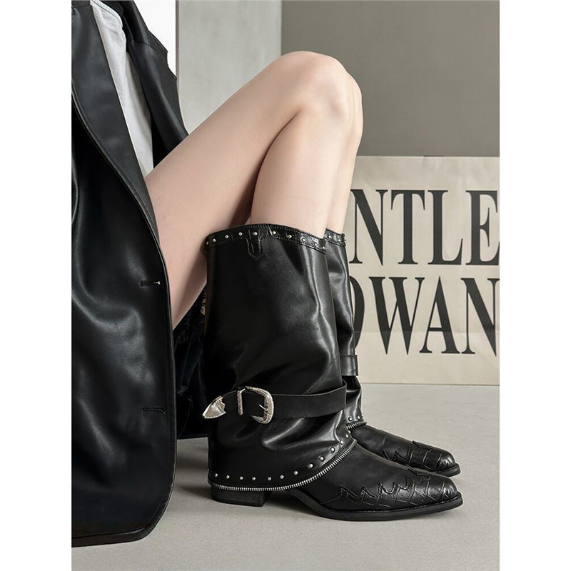 Damen Biker‑Western Midcalf‑Stiefel mit Ziernieten, Schnallenriemen und geprägter Zehenkappe Drune