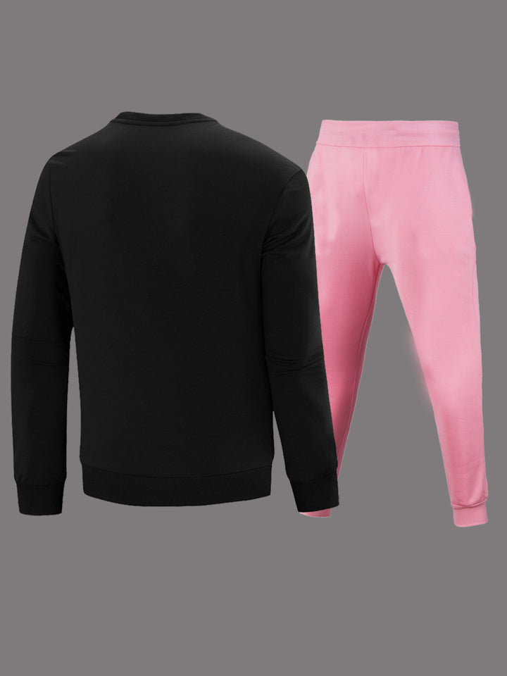 Damen Lange Ärmel T-Shirt und lockere Jogginghose Set mit auffälligem Grafikdesign Drune
