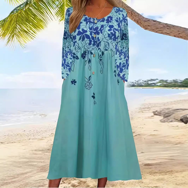 Damen Maxikleid mit V-Ausschnitt, Blumenprint, Knopfleiste und Eingrifftaschen Drune