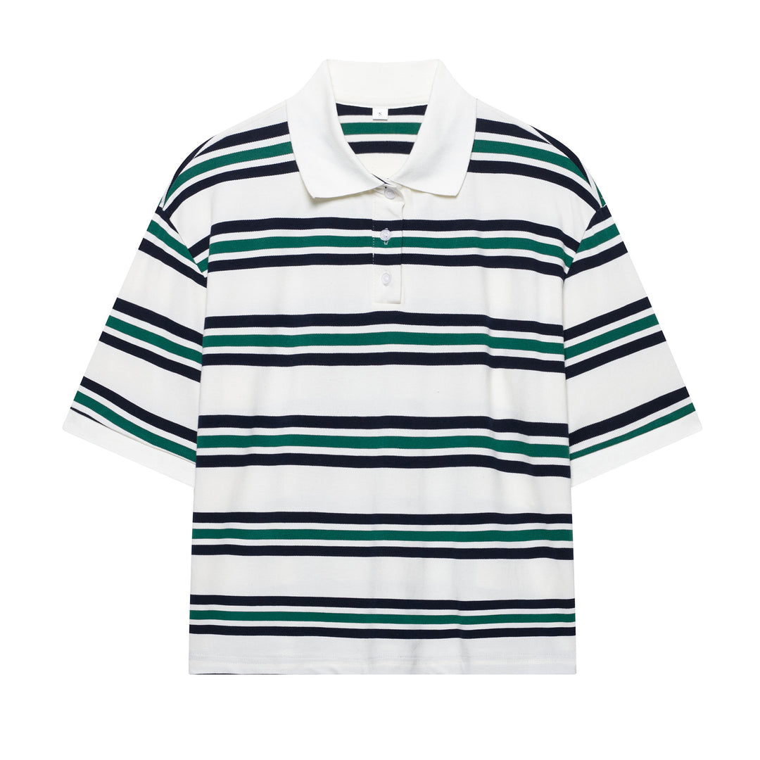 Damen Lässiges Langarm-Poloshirt mit Streifenmuster und Rippbündchen Drune