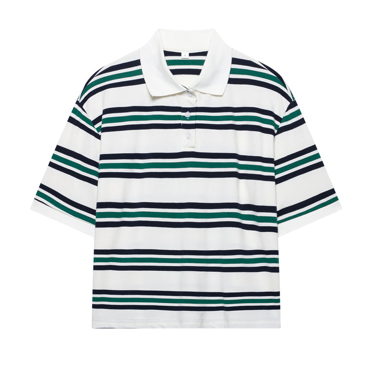 Damen Lässiges Langarm-Poloshirt mit Streifenmuster und Rippbündchen Drune