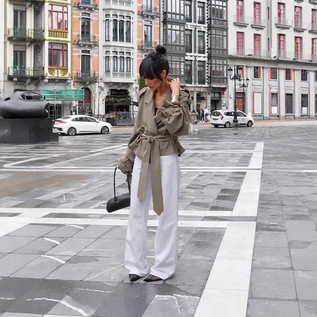 Damen Oversized Trenchcoat mit tailliertem Gürtel und voluminösen Ärmeln Drune
