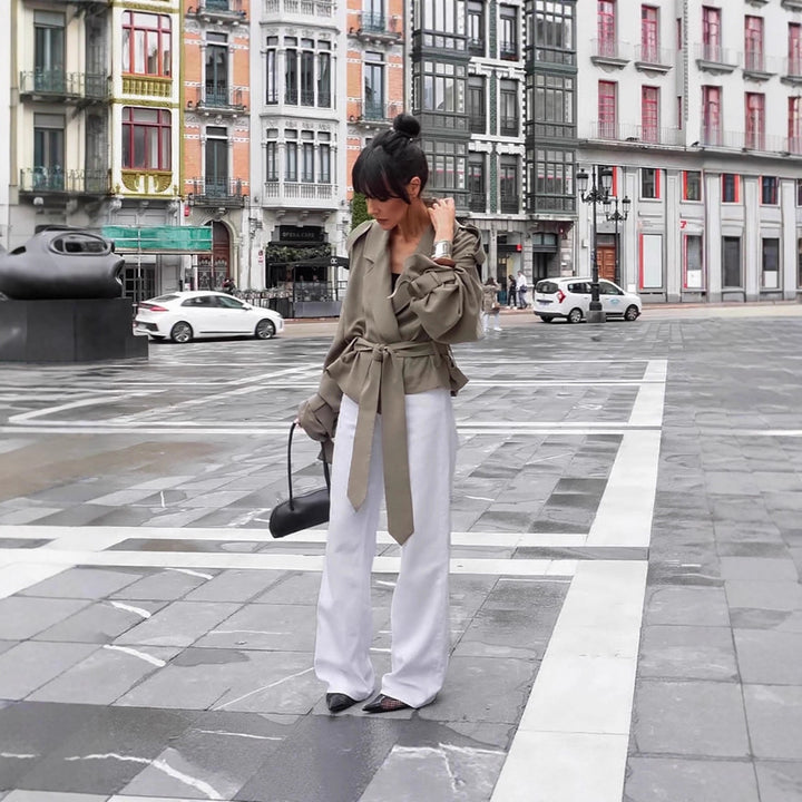 Damen Oversized Trenchcoat mit tailliertem Gürtel und voluminösen Ärmeln Drune