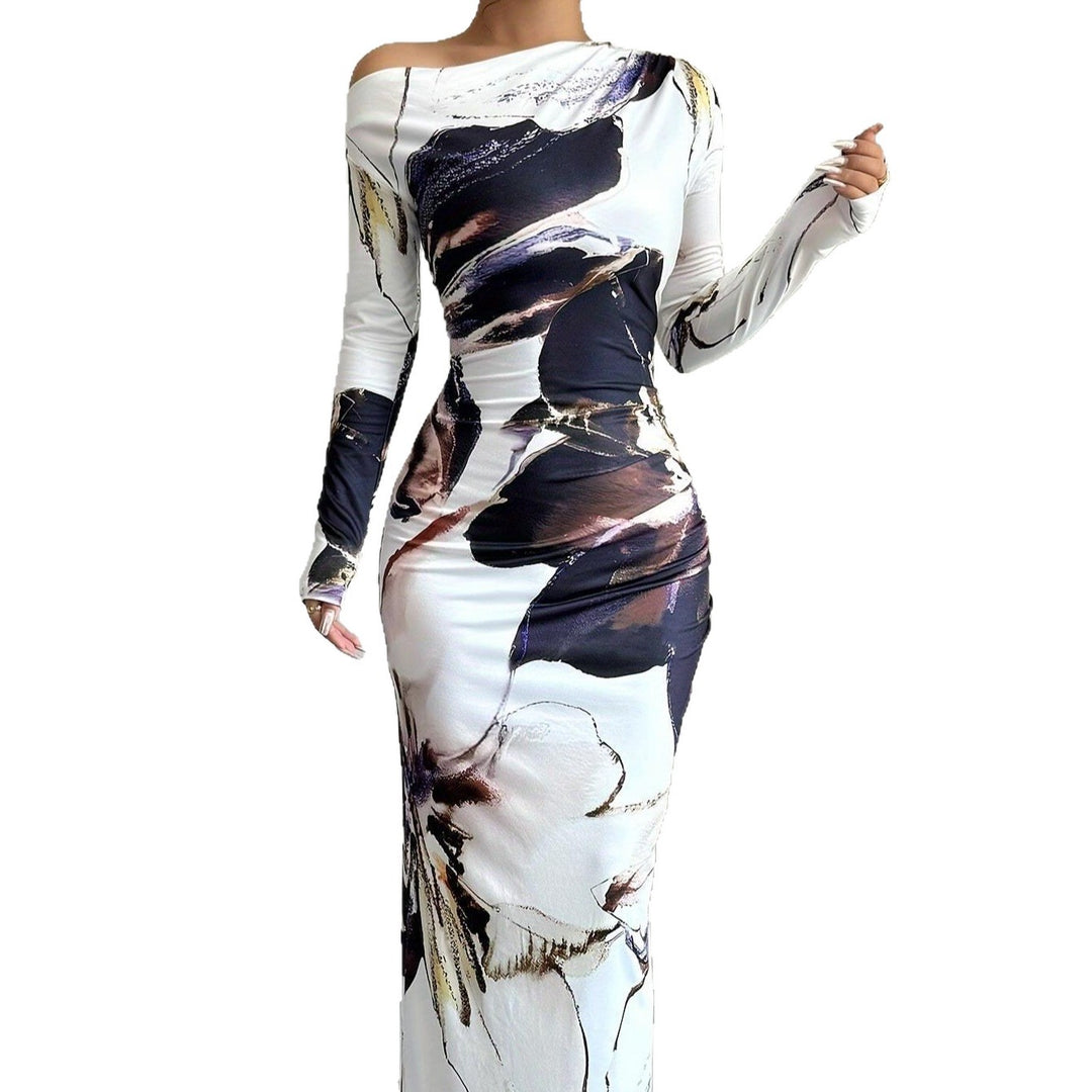 Damen Elegantes Maxikleid mit originellem Kunstdruck und schulterfreiem Design Drune