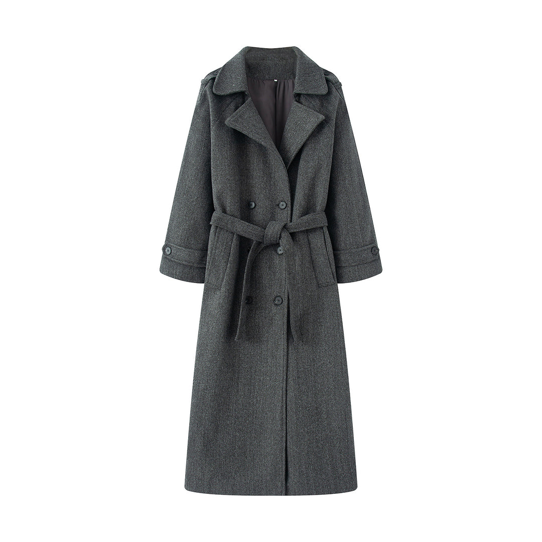 Damen nan langer Wollmix-Trenchcoat mit Schalkragen Taillengürtel und doppelreihiger Knopfleiste Drune