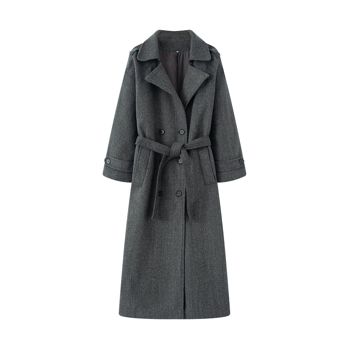 Damen nan langer Wollmix-Trenchcoat mit Schalkragen Taillengürtel und doppelreihiger Knopfleiste Drune