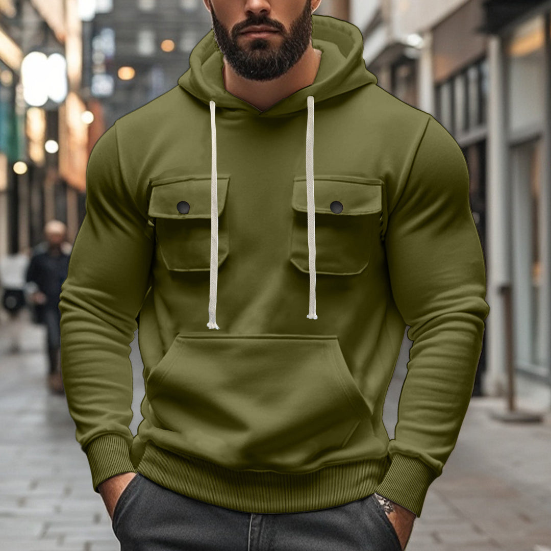 Herren nan sportiver Kapuzenpullover mit aufgesetzten Klappentaschen, Kängurutasche und schmalem Saum Drune