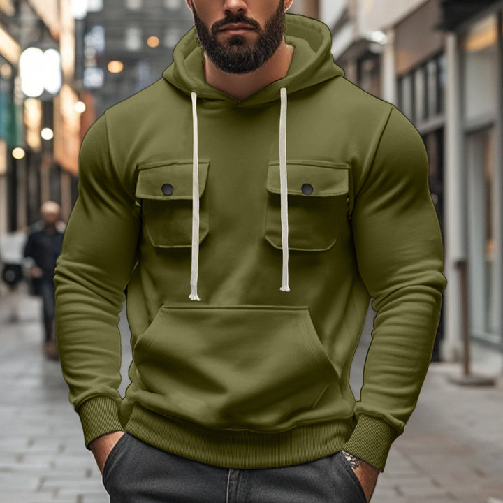 Herren nan sportiver Kapuzenpullover mit aufgesetzten Klappentaschen, Kängurutasche und schmalem Saum Drune