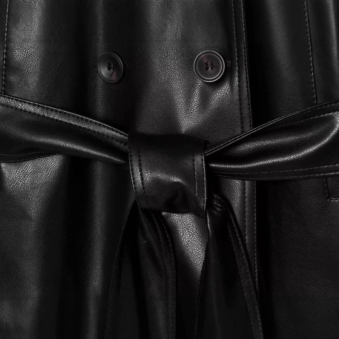 Damen Kurz geschnittener Doppelreihiger Kunstleder-Blouson mit Taillengürtel und weitem Reverskragen Drune