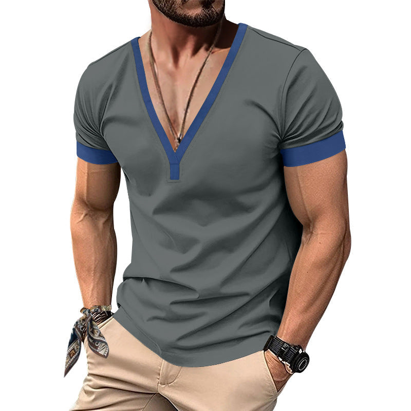 Herren V-Ausschnitt T-Shirt mit kontrastierenden Ärmeln und atmungsaktiver Baumwolle Drune