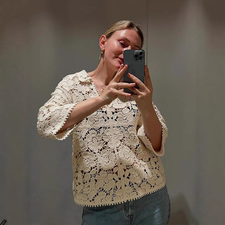 Damen Gehäkelte Bluse mit floralem Ajourmuster und dreiviertel Ärmeln Drune