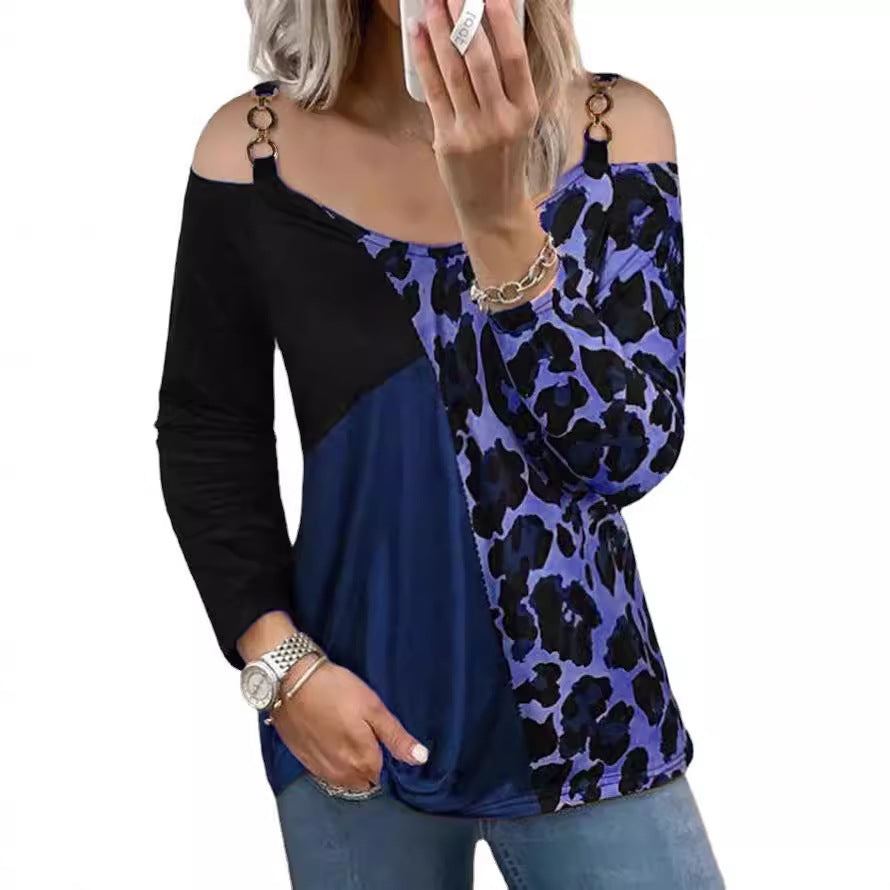 Frauen Off-Shoulder Patchwork Langarm mit Leopardenmuster und Ringdetail-Trägerdrune