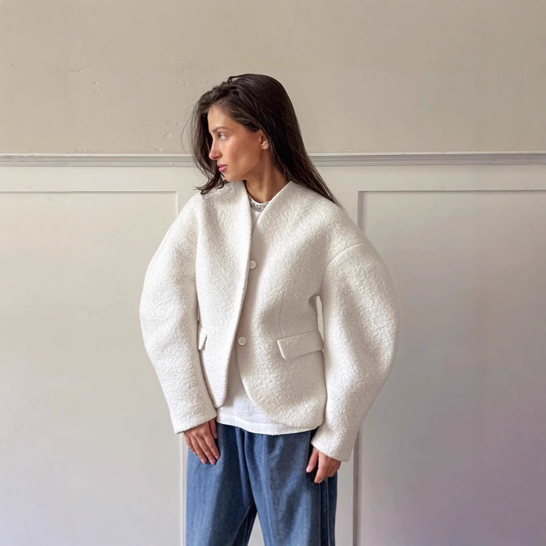 Damen elegante Bouclé-Jacke mit geometrischem Schnitt und überschnittenen Ärmeln Drune