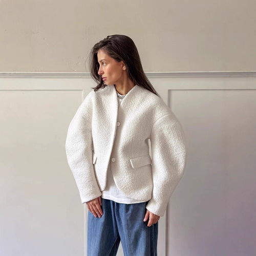 Damen elegante Bouclé-Jacke mit geometrischem Schnitt und überschnittenen Ärmeln Drune