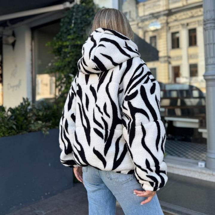 Damen Kurz geschnittene Teddy-Fleecejacke mit Kapuze und Zebrastreifen Drune