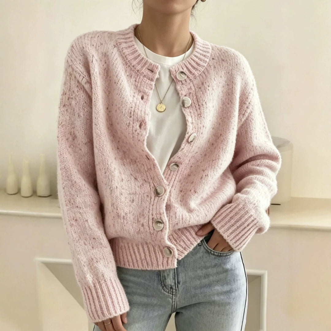 Damen Grobgestrickter Kurzcardigan mit Rundhalsausschnitt und meliertem Tweed-Effekt Drune