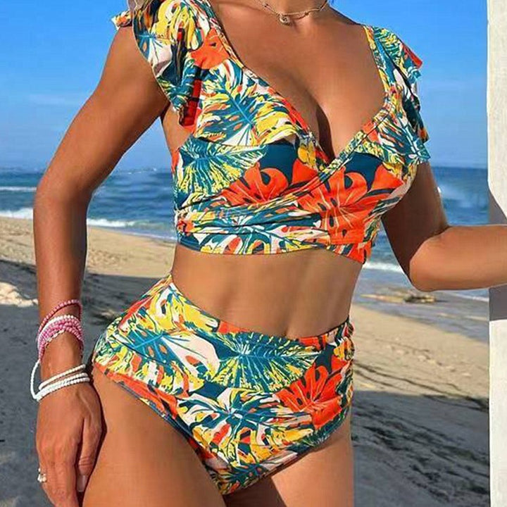 Damen Hoch-tailliertes Badebikini mit verspielten Rüschendetails Drune