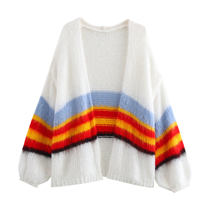 Damen lässiger Strickcardigan mit bunten Streifen und weitem Schnitt Drune