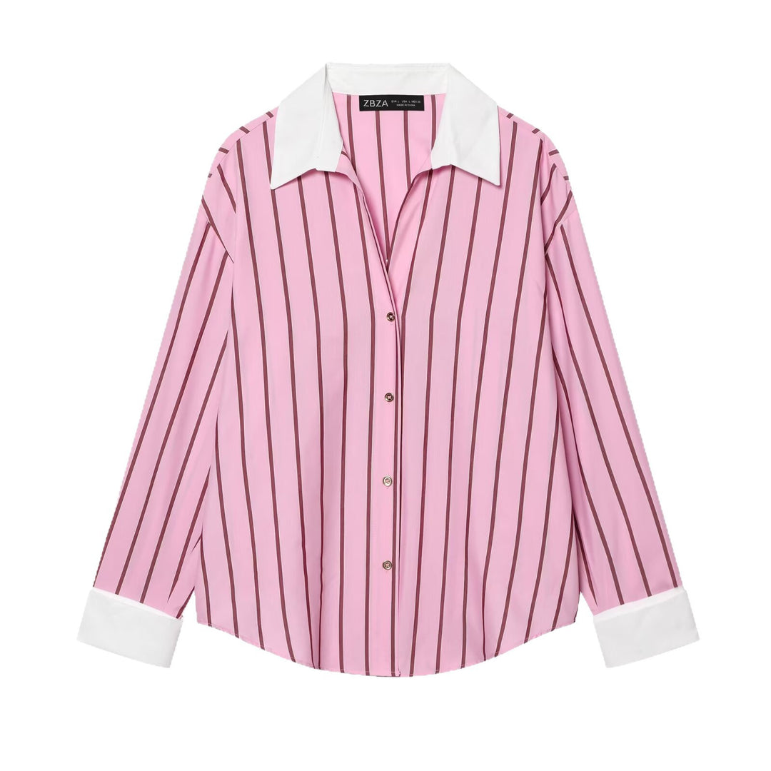 Damen Gestreifte Oversize-Bluse mit kontrastkragen und Manschetten Drune