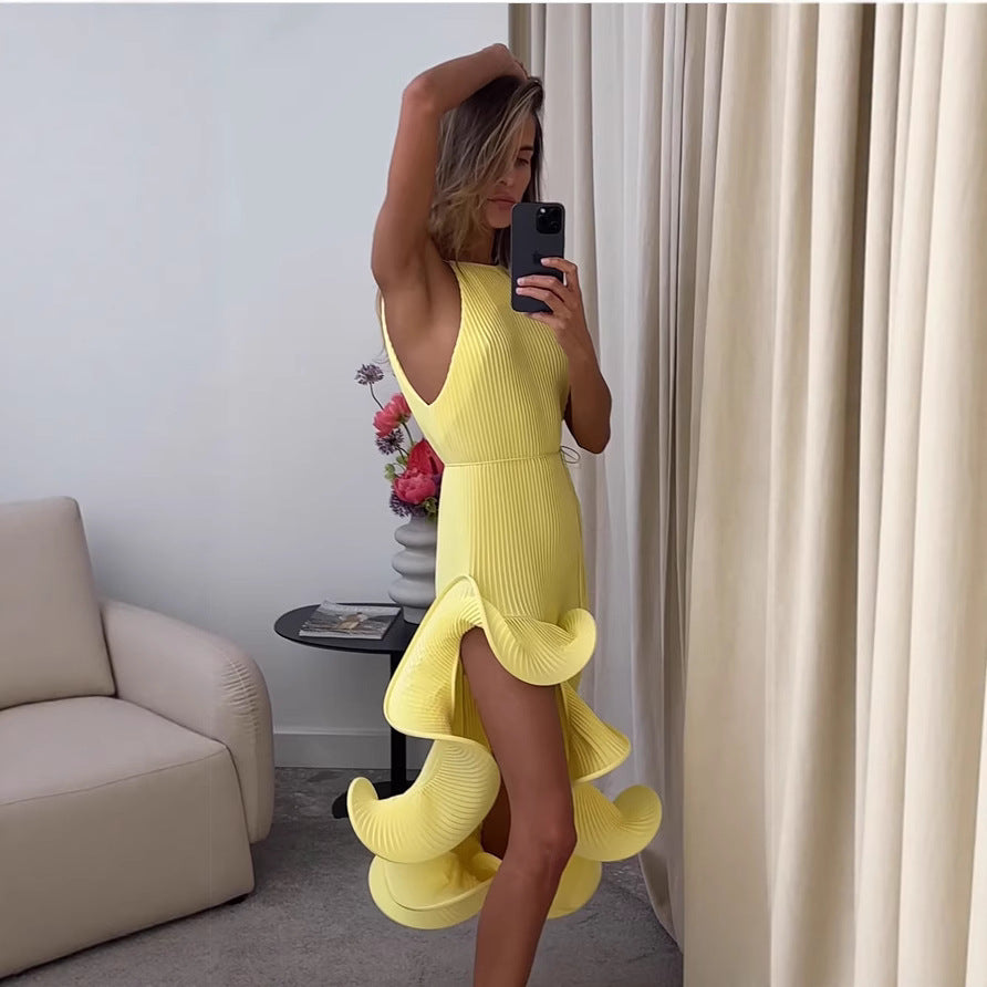Damen Maxikleid mit asymmetrischem Volant und elegantem Faltenrock Drune