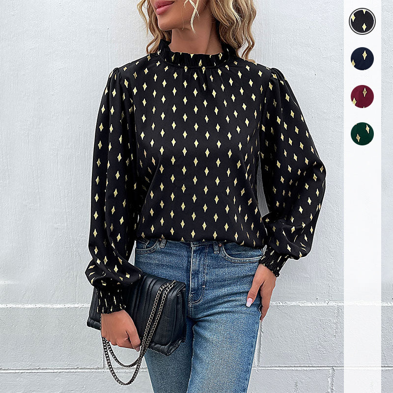 Damen Elegante Rüschen-Stehkragen-Bluse mit Puffärmeln und Smokbündchen Drune
