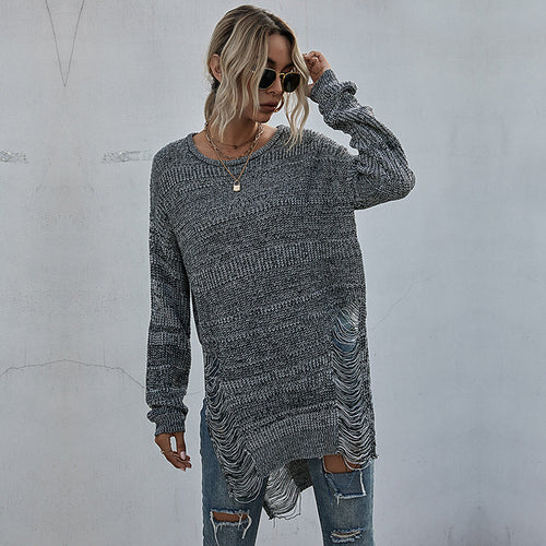Damen Oversize-Longpullover mit Fransen-Schlitzen und High‑Low-Saum Drune