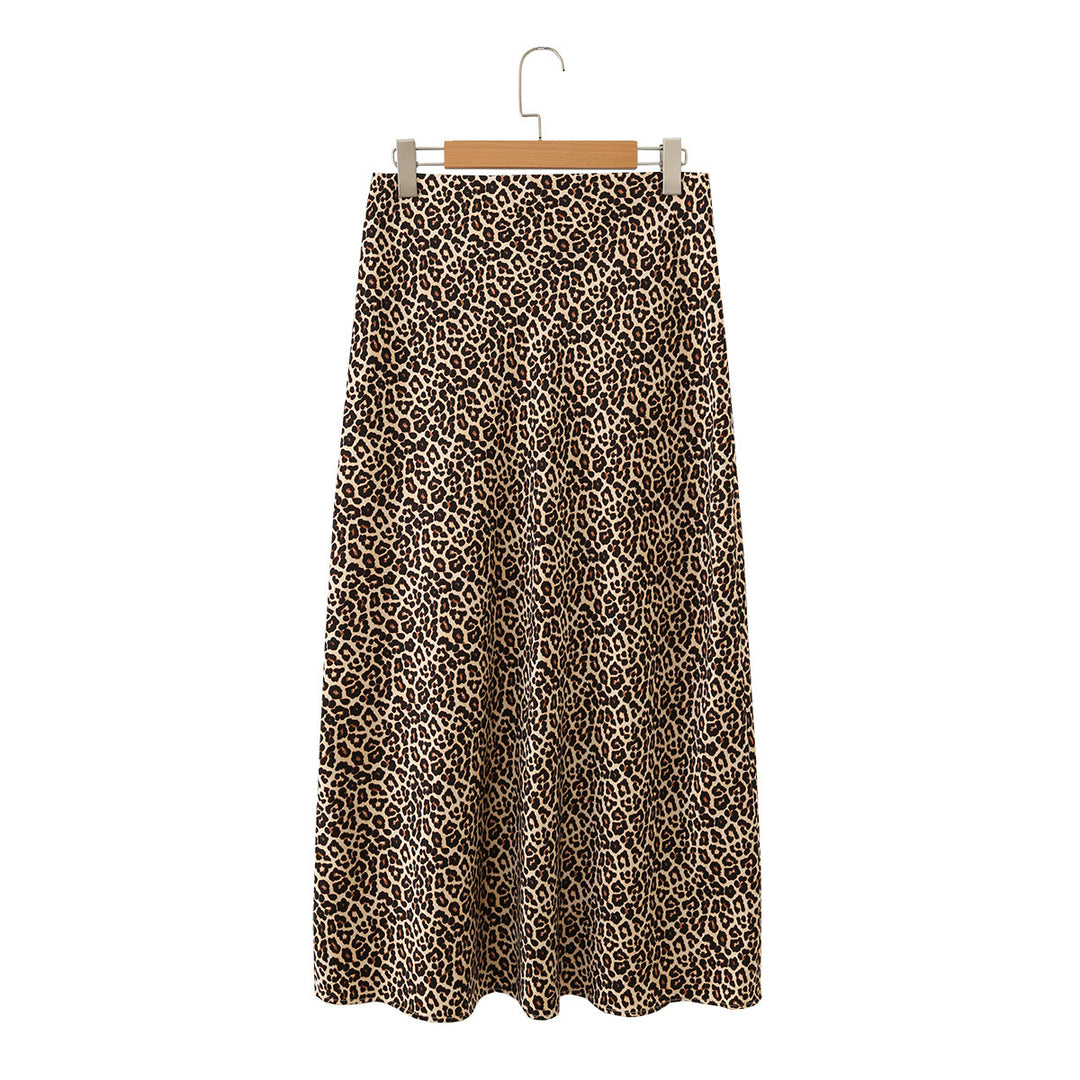 Damen Midirock aus fließender Satinqualität in A‑Linie mit Leo‑Print Drune