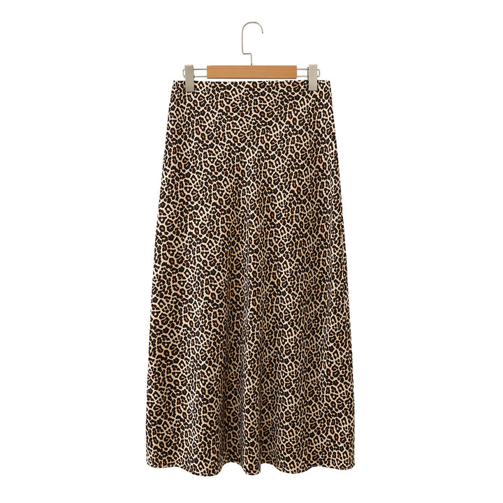 Damen Midirock aus fließender Satinqualität in A‑Linie mit Leo‑Print Drune