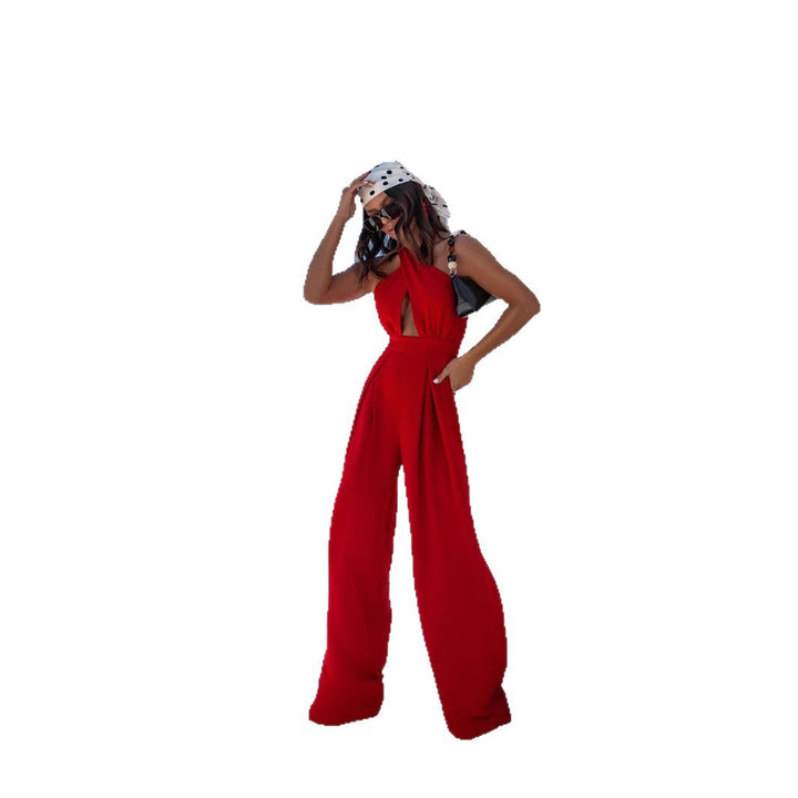 Damen Jumpsuit mit tiefem V-Ausschnitt und weiten Beinen Drune