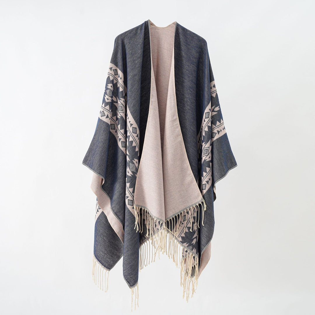 Damen Kaschmir‑Optik Überwurfponcho mit geometrischer Bordüren‑Jacquard und Fransen Drune