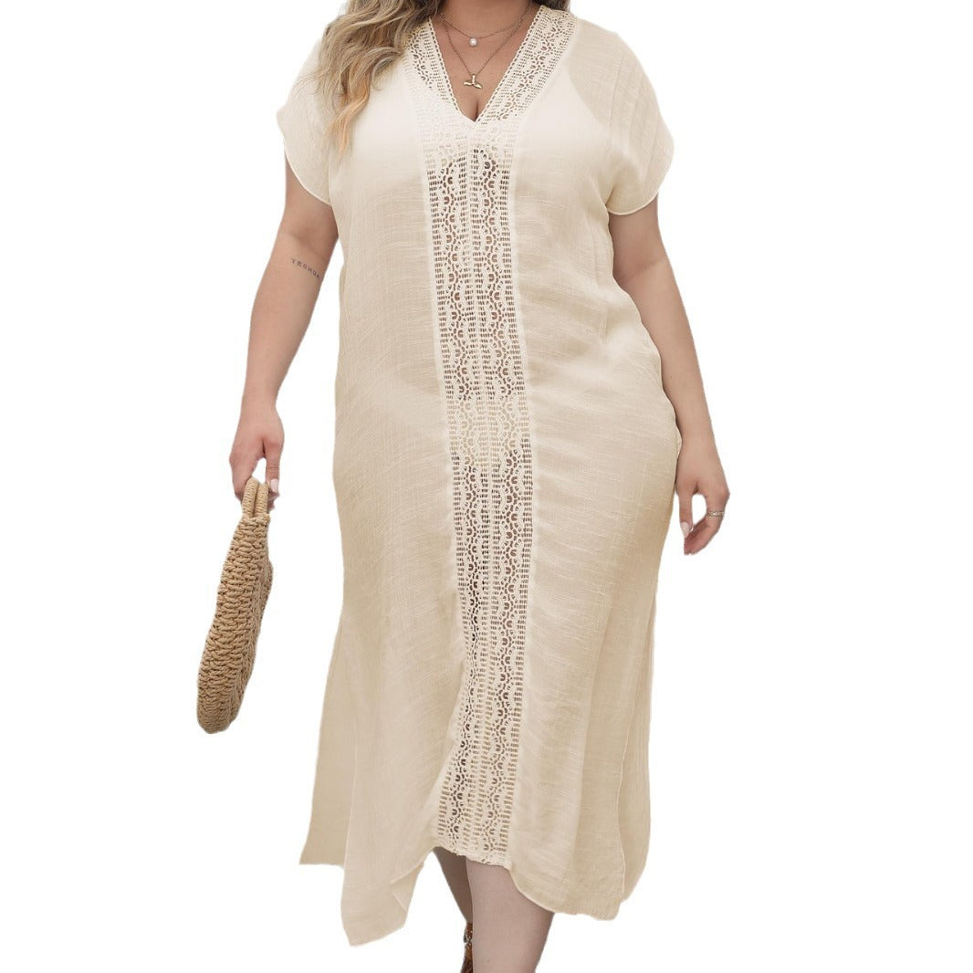 Damen eleganter Maxi-Kaftan mit großzügigem V-Ausschnitt und filigranen Häkelakzenten Drune