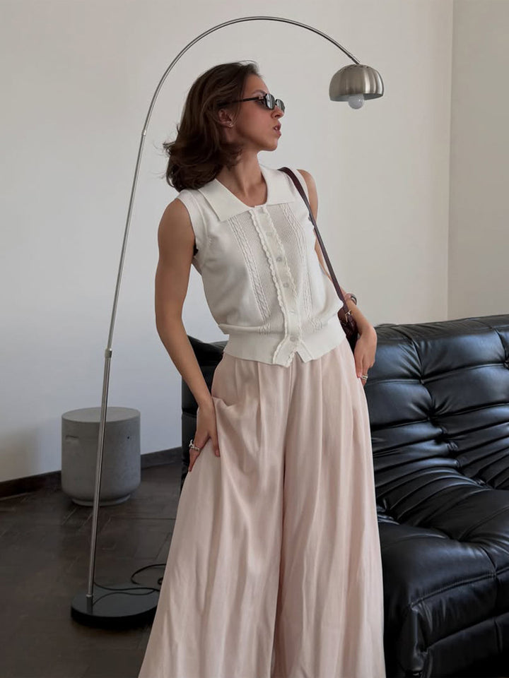 Damen Ärmelloses Stricktop mit Hemdkragen, Zierknopfleiste und feiner Strukturierung Drune