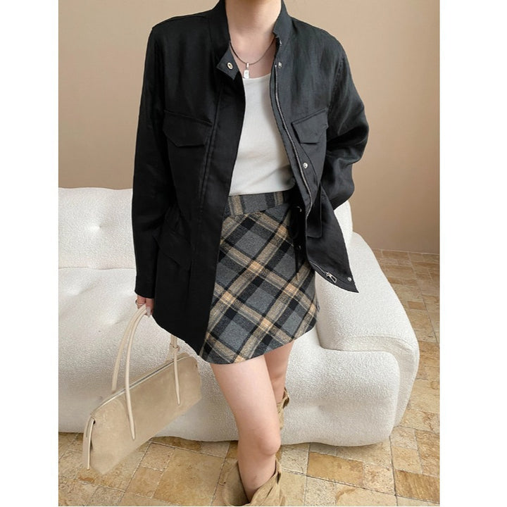 Damen lässige Utility-Jacke mit hohen Taschen und runder Nahtverarbeitung Drune