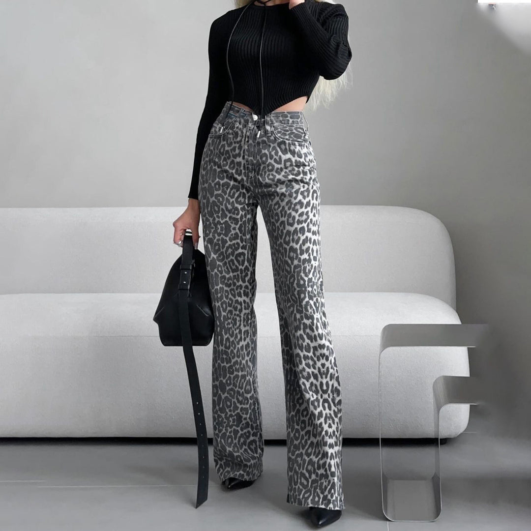 Damen Highwaist Schlagjeans mit dezenter Leo-Print, weitem Bein und rohem Saum Drune