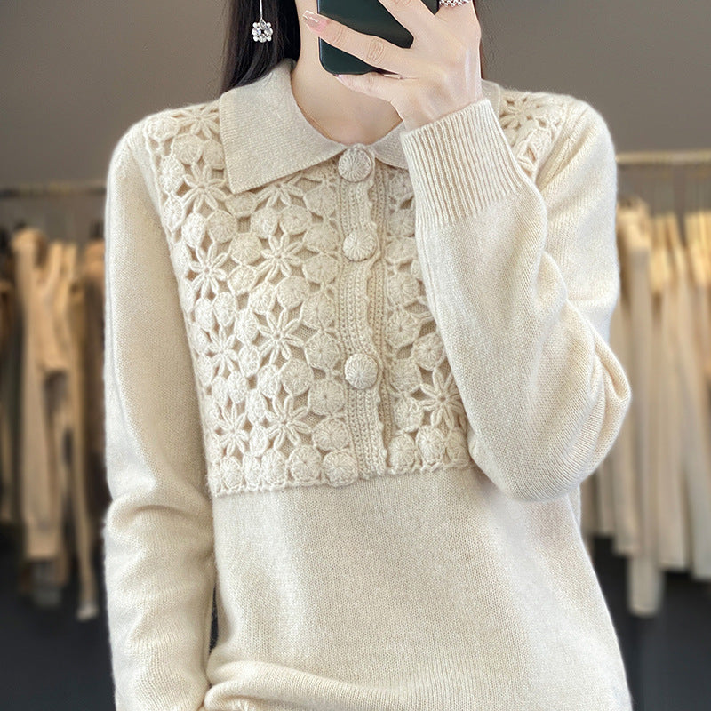 Damen Strickpullover mit gehäkelter Ajour‑Blende und Polokragen Drune