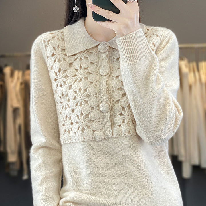 Damen Strickpullover mit gehäkelter Ajour‑Blende und Polokragen Drune
