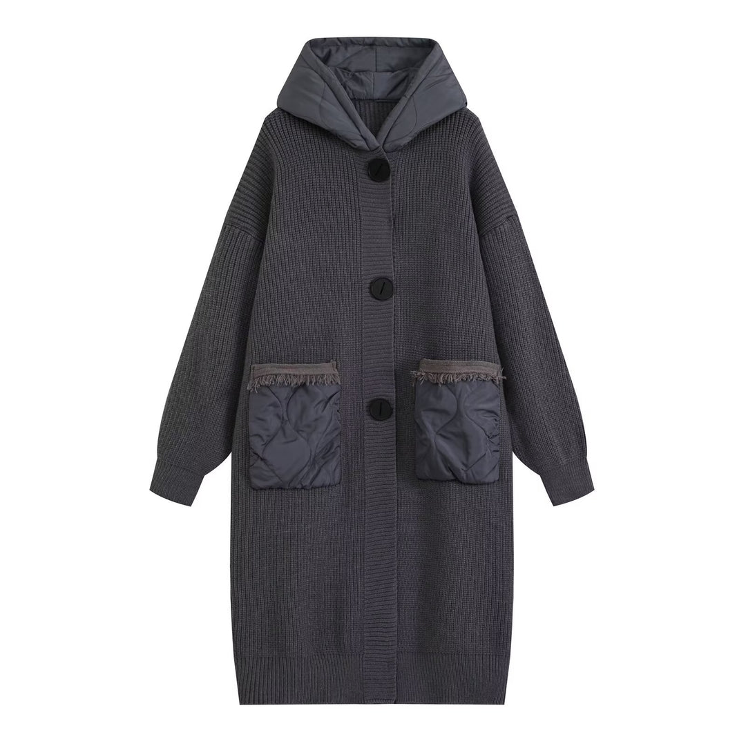 Damen Longline Grobstrickmantel mit gesteppter Kapuze und übergroßen Fronttaschen Drune