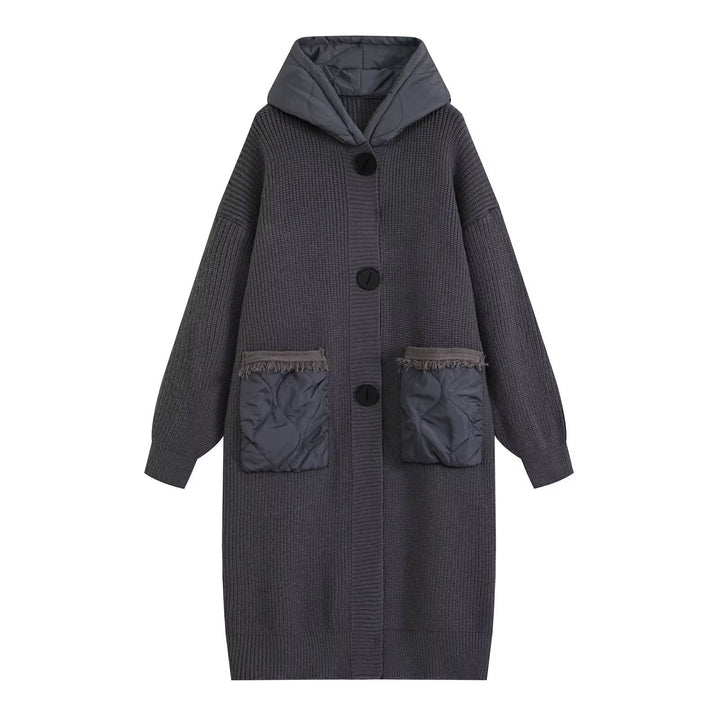 Damen Longline Grobstrickmantel mit gesteppter Kapuze und übergroßen Fronttaschen Drune