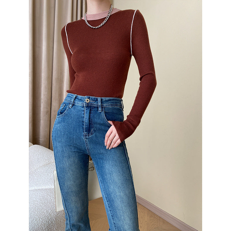 Damen elegantes langärmliges Rippoberteil mit kombiniertem Rollkragen Drune