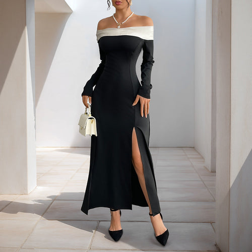 Damen Schulterfreies Maxikleid mit langen Ärmeln, hohen Seitenschlitzen und Umschlagkragen Drune