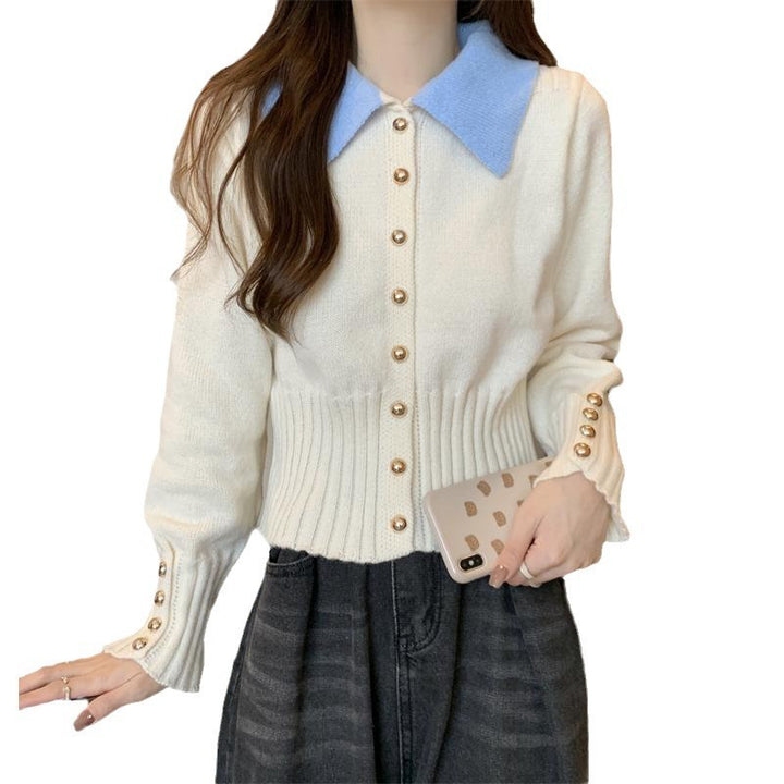 Damen Eleganter Strickpullover mit Kragen und Knopfdetails Drune